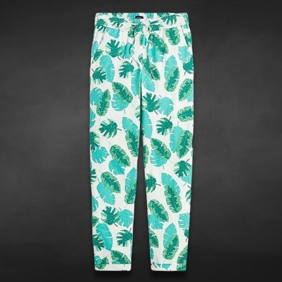 J.Crew Pants Linen Cotton Fabric Adjustable Drawstring Palm Print White/Green‎ 0 - Picture 1 of 9